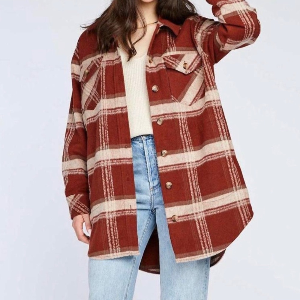 Gentle Fawn Leighton Jacket Red and Cream Plaid Flannel Button Up Long Shacket - Picture 2 of 9